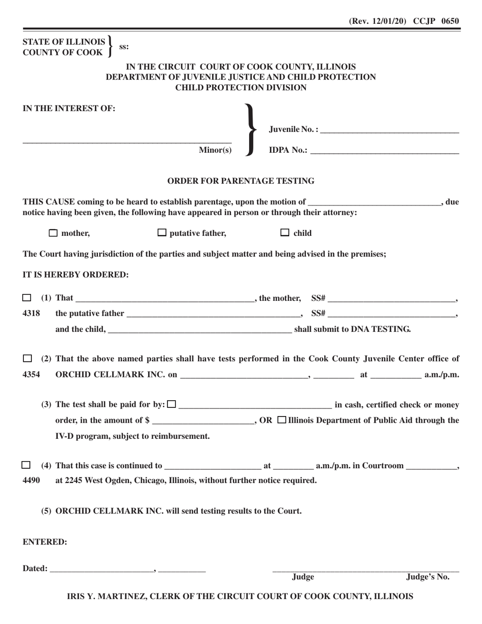 Form CCJP0650 Order for Parentage Testing - Cook County, Illinois, Page 1