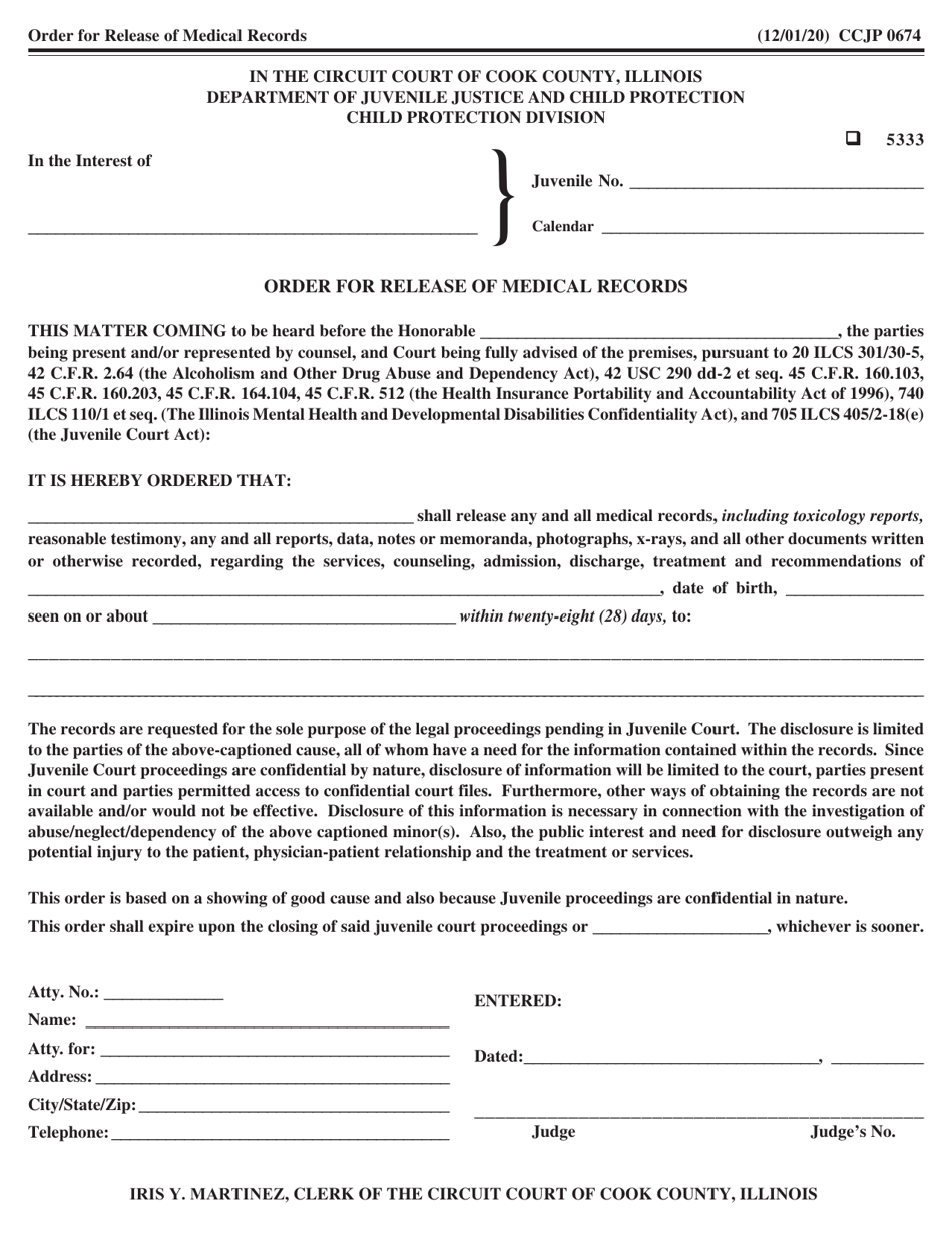 Form CCJP0674 Order for Release of Medical Records - Cook County, Illinois, Page 1