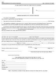 Document preview: Form CCG0028 Order for Replevin (Notice Served) - Cook County, Illinois