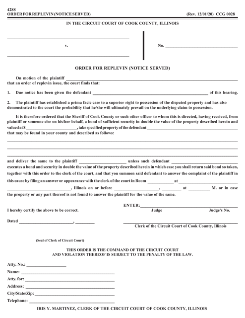 Form CCG0028 Order for Replevin (Notice Served) - Cook County, Illinois