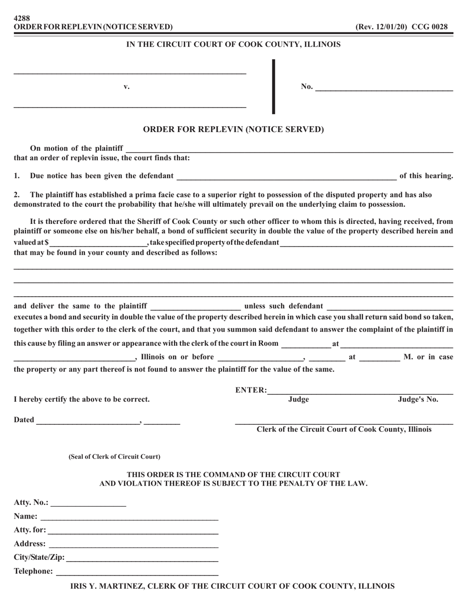 Form CCG0028 Order for Replevin (Notice Served) - Cook County, Illinois, Page 1