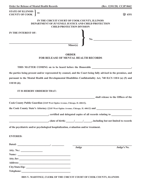 Form CCJP0662 Order for Release of Mental Health Records - Cook County, Illinois