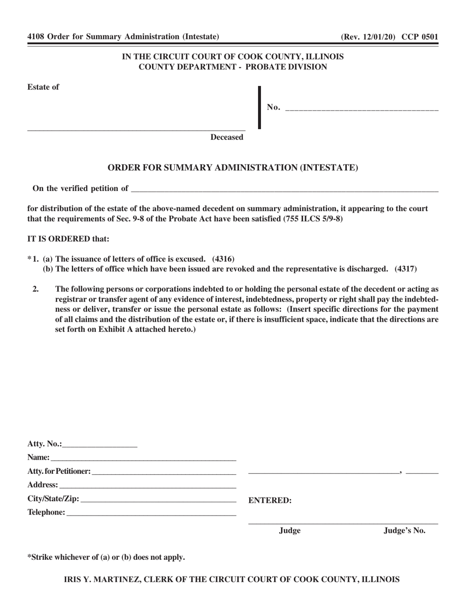 Form CCP0501 Order for Summary Administration (Intestate) - Cook County, Illinois, Page 1