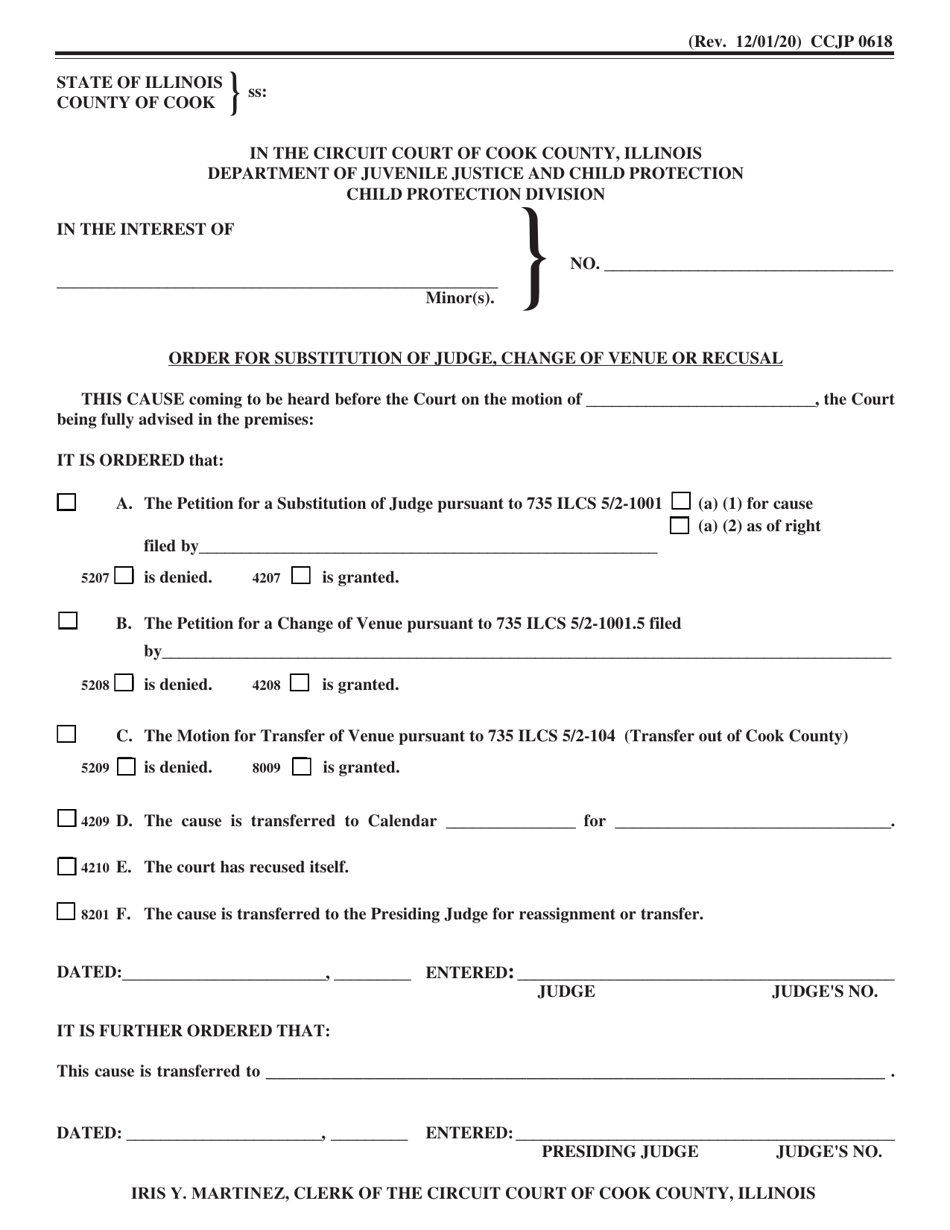 Form CCJP0618 Order for Substitution of Judge, Change of Venue or Recusal - Cook County, Illinois, Page 1