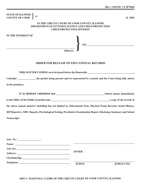 Form CCJP0664 Order for Release of Educational Records - Cook County, Illinois