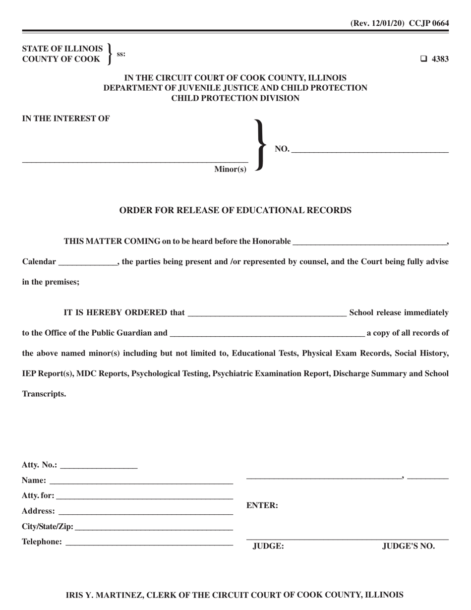 Form CCJP0664 Order for Release of Educational Records - Cook County, Illinois, Page 1