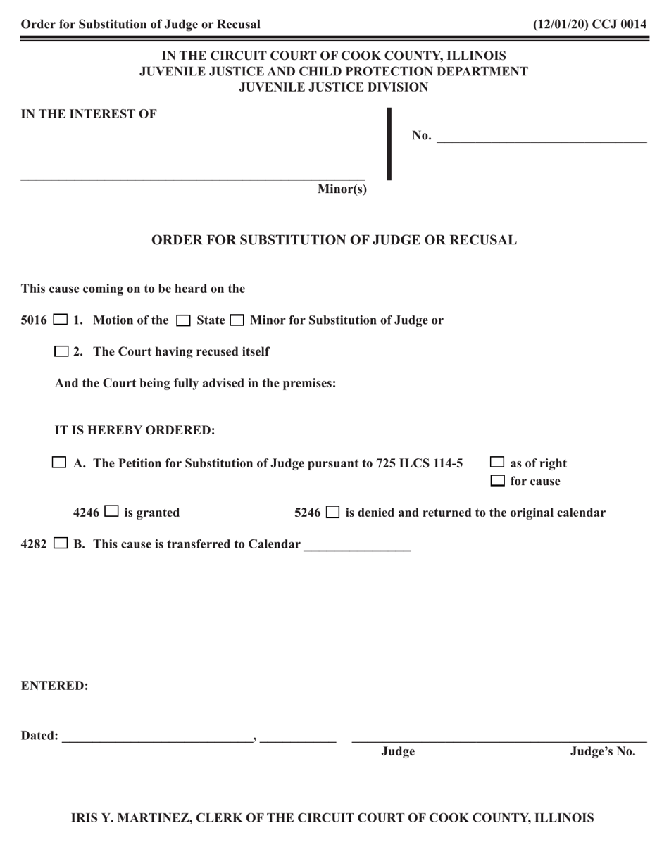 Form CCJ0014 Order for Substitution of Judge or Recusal - Cook County, Illinois, Page 1