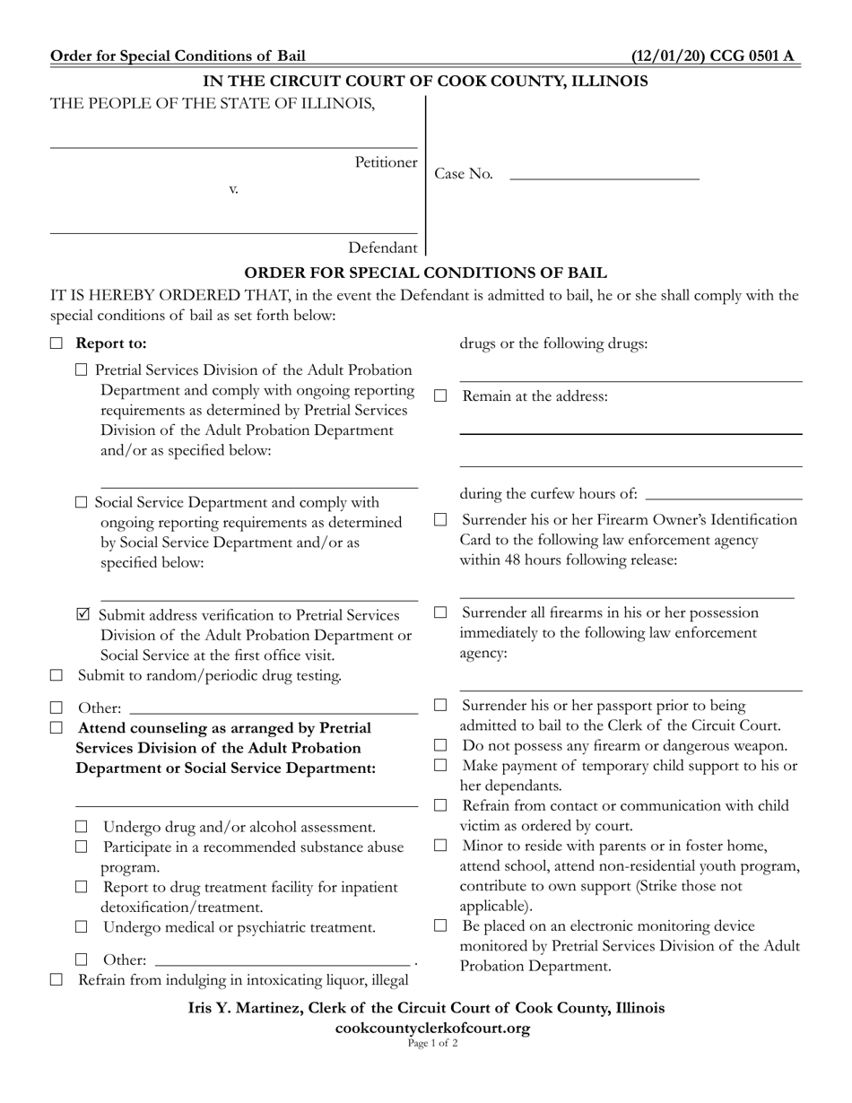 Form CCG0501 Order for Special Conditions of Bail - Cook County, Illinois, Page 1