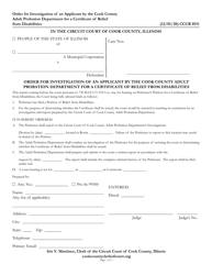 Document preview: Form CCCR0511 Order for Investigation of an Applicant for a Certificate of Relief From Disabilities - Cook County, Illinois