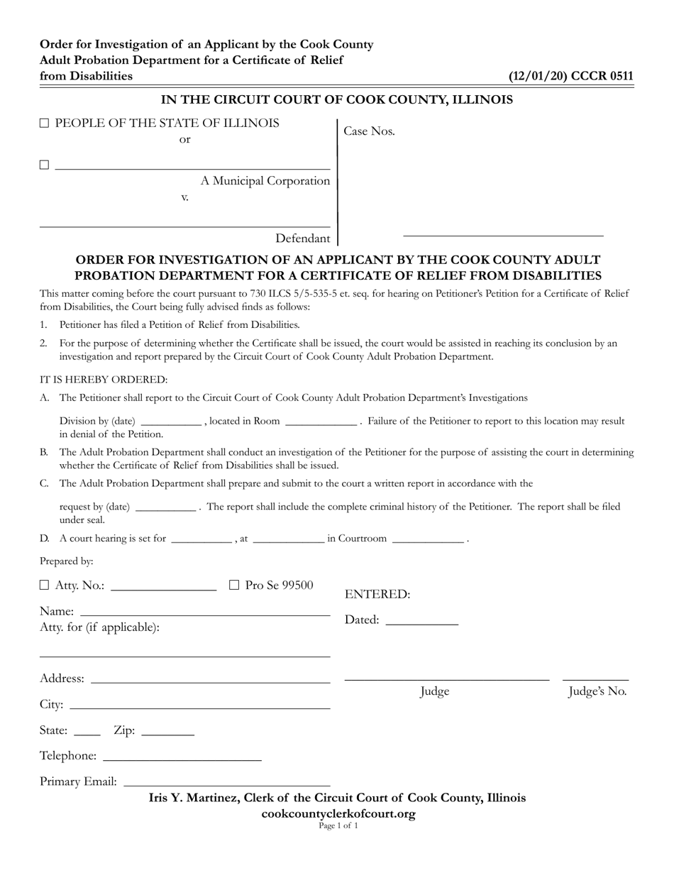 Form CCCR0511 Order for Investigation of an Applicant for a Certificate of Relief From Disabilities - Cook County, Illinois, Page 1