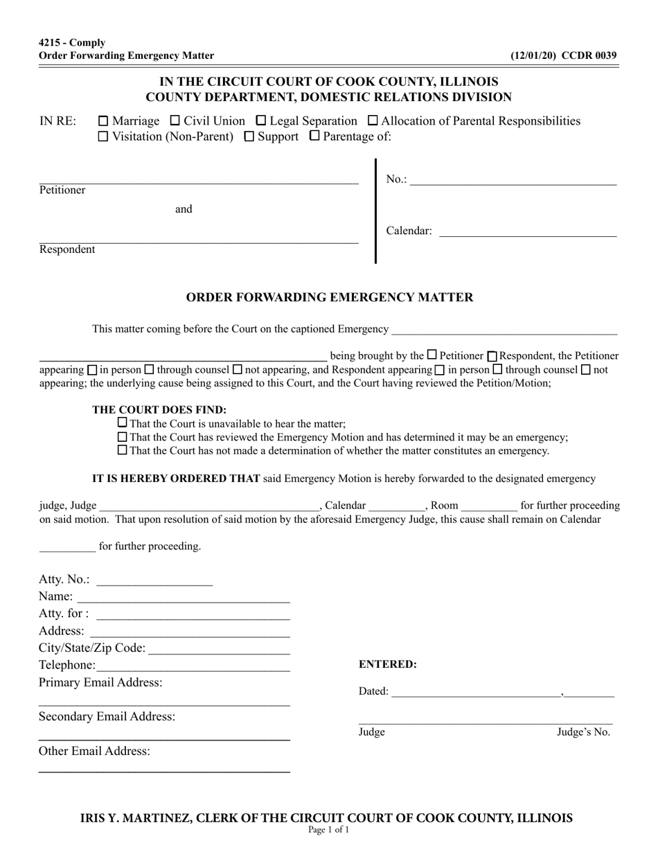 Form CCDR0039 Order Forwarding Emergency Matter - Cook County, Illinois, Page 1