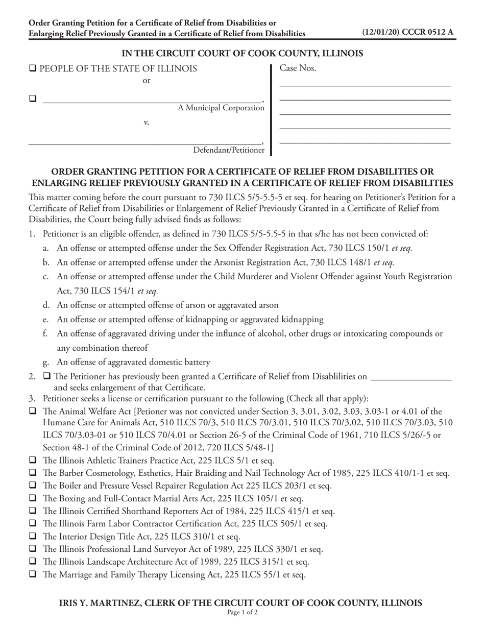 Form CCCR0512 Order Granting Petition for a Certificate of Relief From Disabilities or Enlarging Relief Previously Granted in a Certificate of Relief From Disabilities - Cook County, Illinois, Page 1