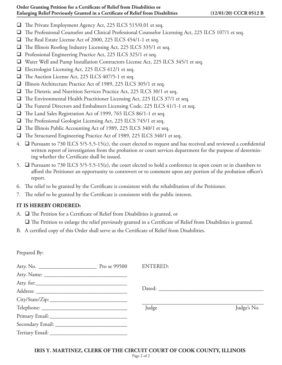 Form CCCR0512 Order Granting Petition for a Certificate of Relief From Disabilities or Enlarging Relief Previously Granted in a Certificate of Relief From Disabilities - Cook County, Illinois, Page 2