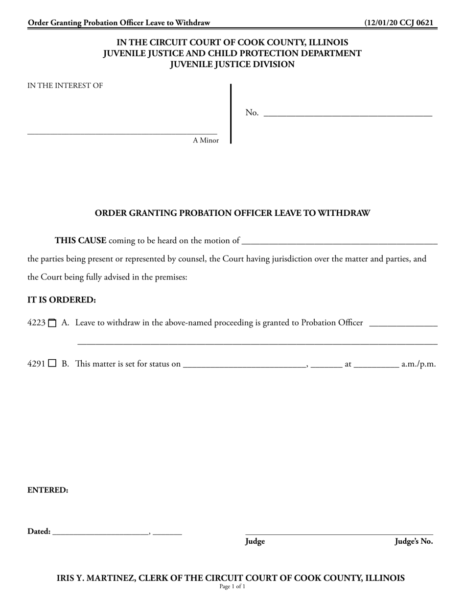 Form CCJ0621 Order Granting Probation Officer Leave to Withdraw - Cook County, Illinois, Page 1