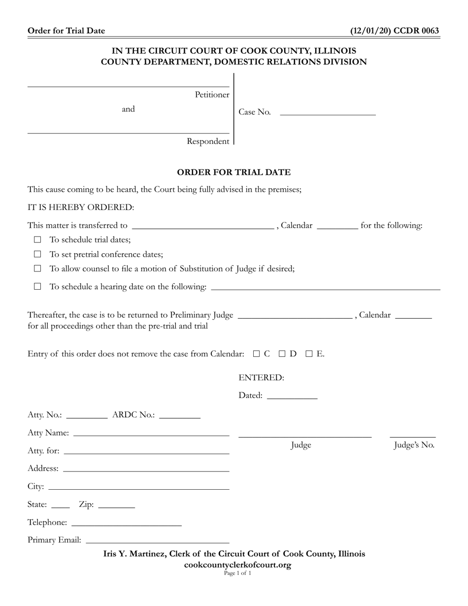 Form CCDR0063 Order for Trial Date - Cook County, Illinois, Page 1