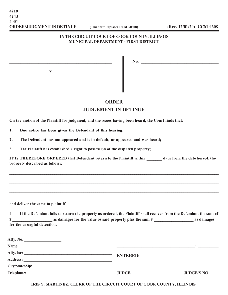 Form CCM0608 Order / Judgment in Detinue - Cook County, Illinois, Page 1