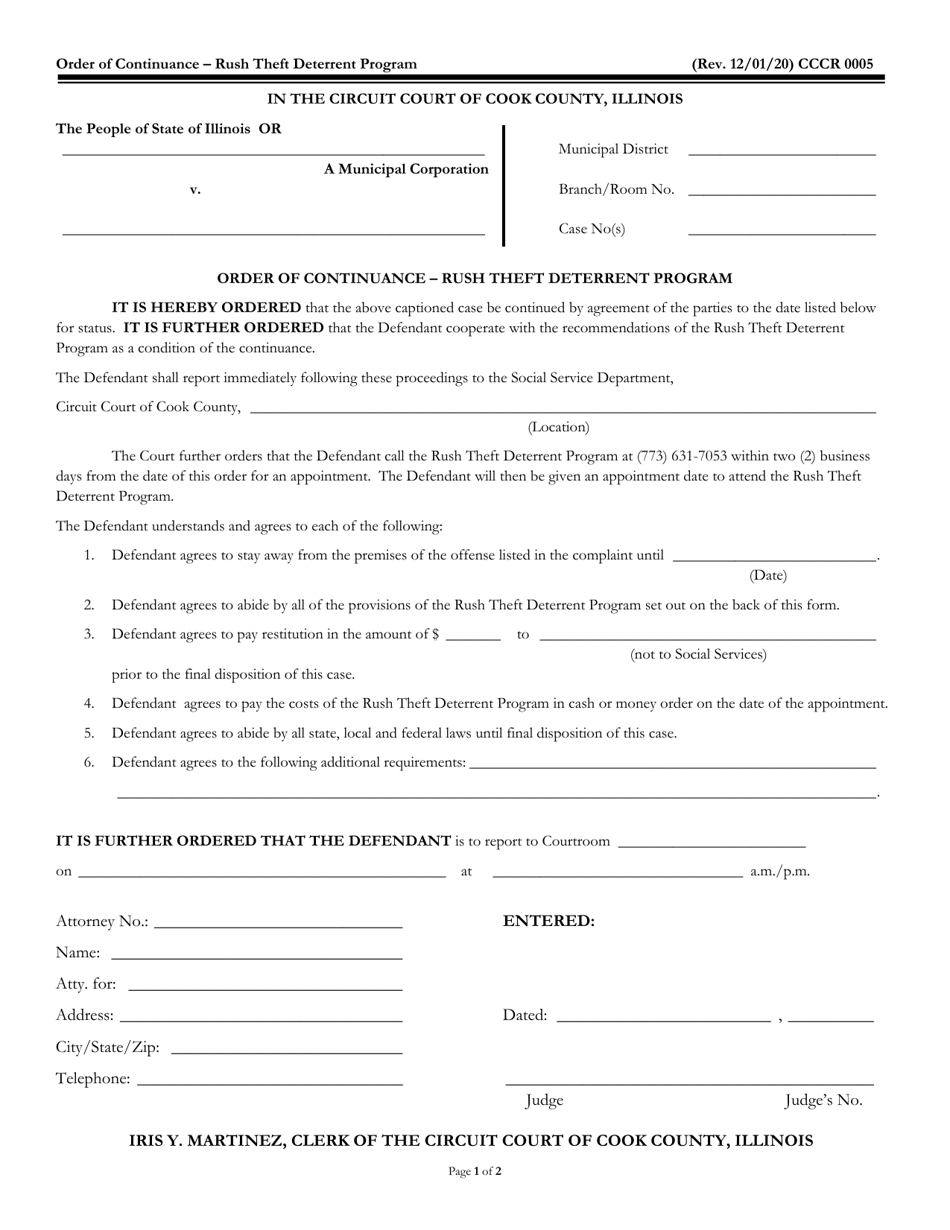 Form CCCR0005 Order of Continuance - Rush Theft Deterrent Program - Cook County, Illinois, Page 1