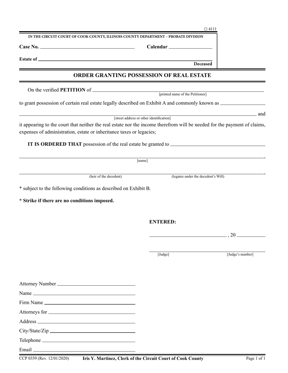 Form CCP0359 Order Granting Possession of Real Estate - Cook County, Illinois, Page 1
