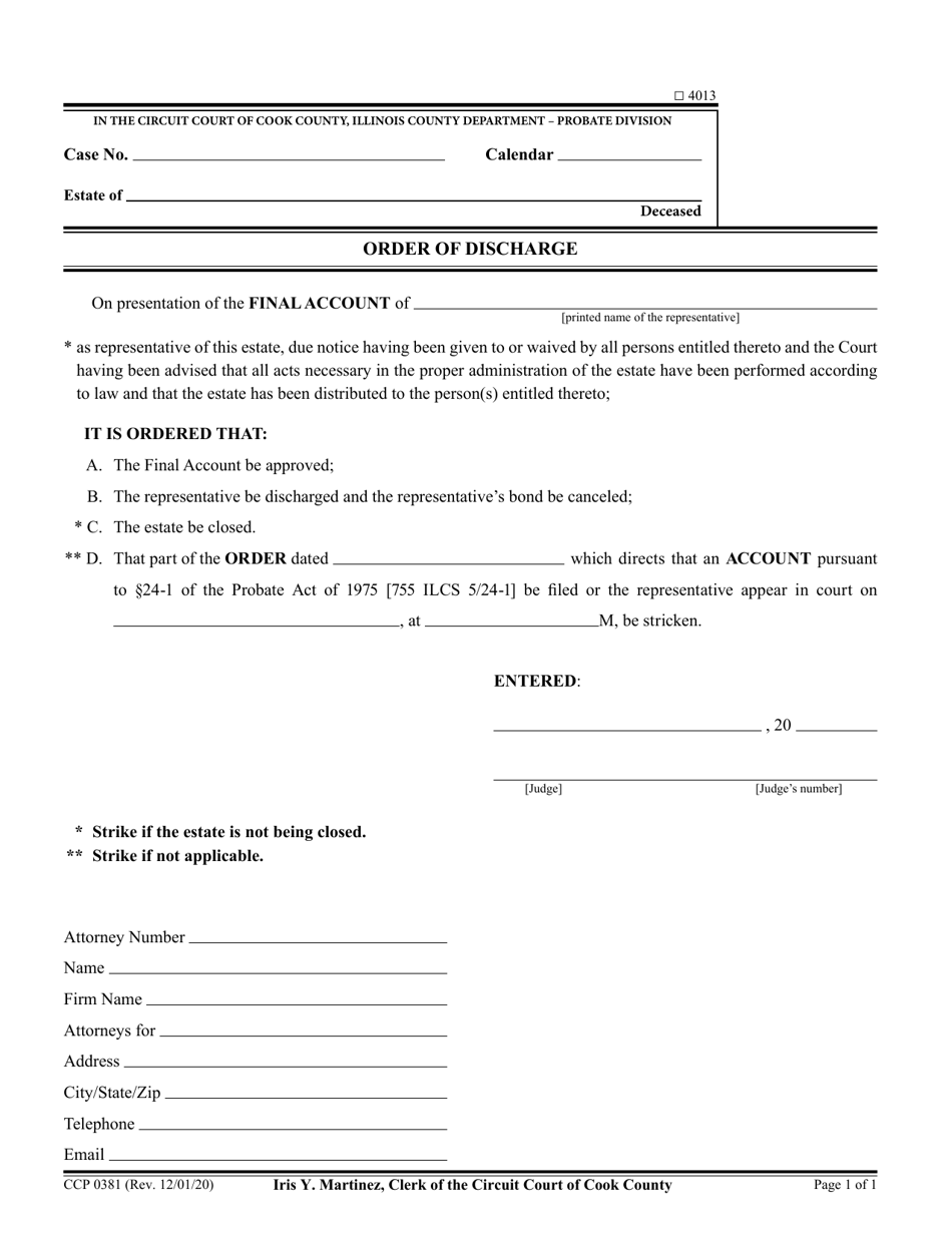 Form CCP0381 Order of Discharge - Cook County, Illinois, Page 1