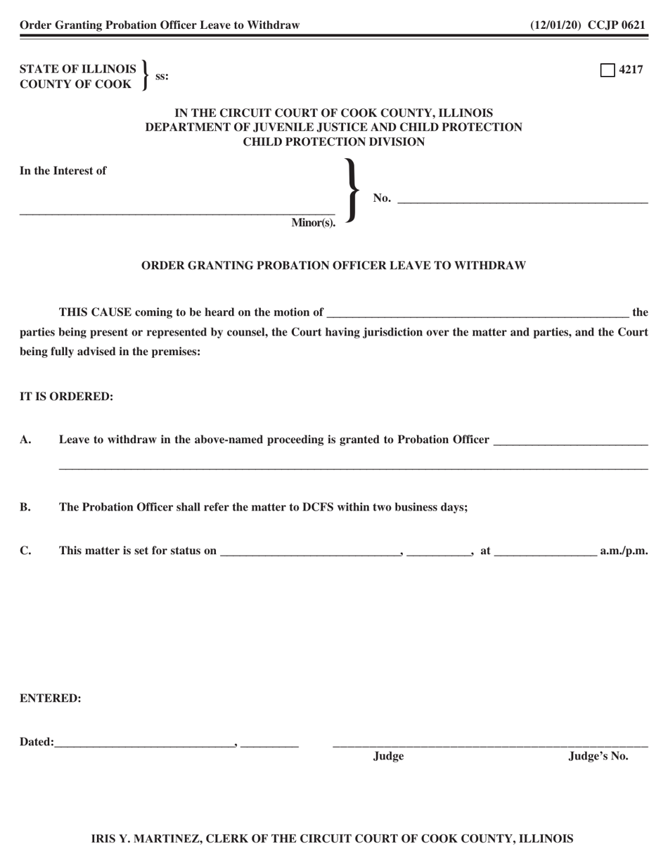 Form CCJP0621 Order Granting Probation Officer Leave to Withdraw - Cook County, Illinois, Page 1