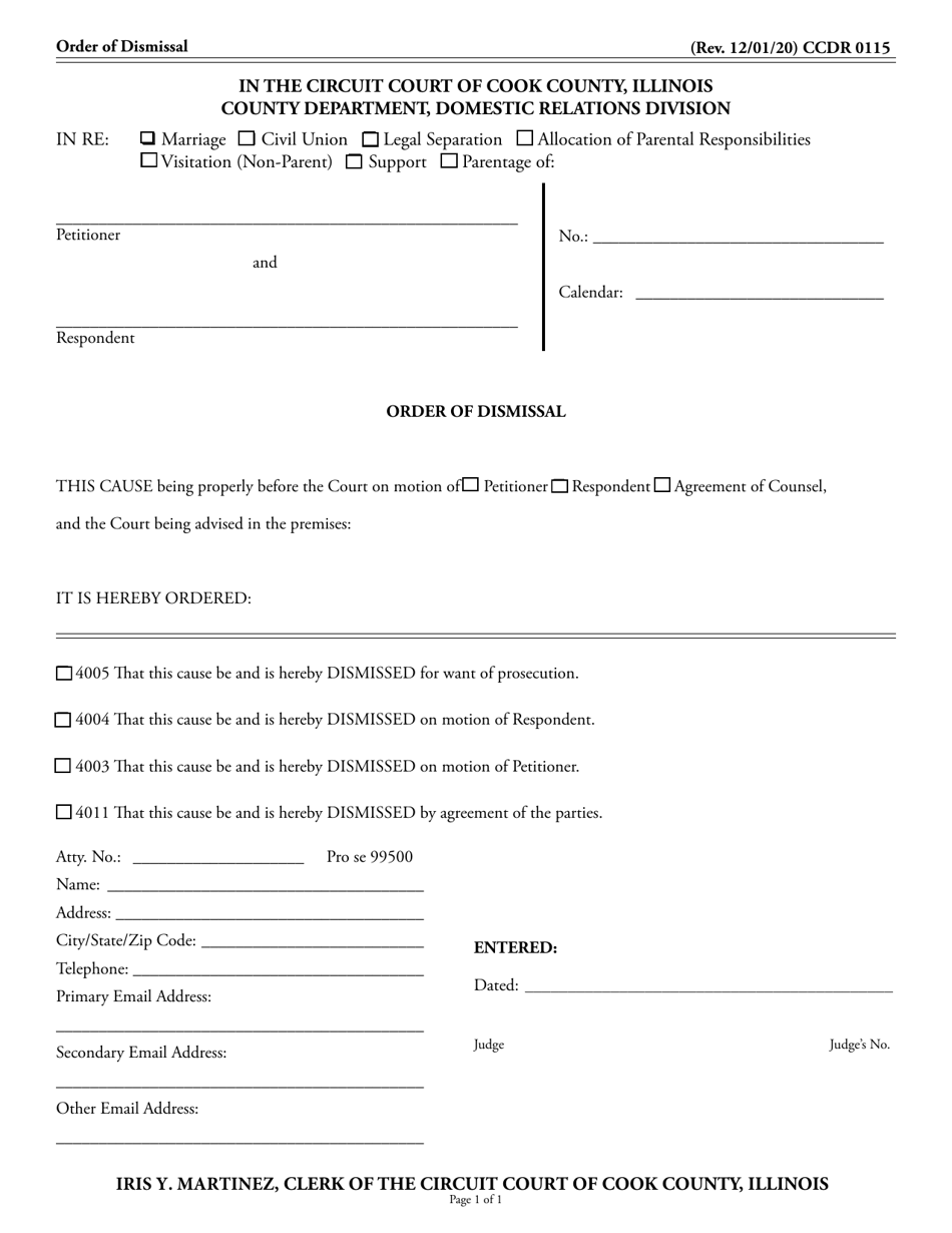 Form CCDR0115 Order of Dismissal - Cook County, Illinois, Page 1