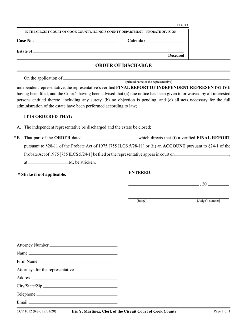 Form CCP1012 Order of Discharge - Cook County, Illinois, Page 1