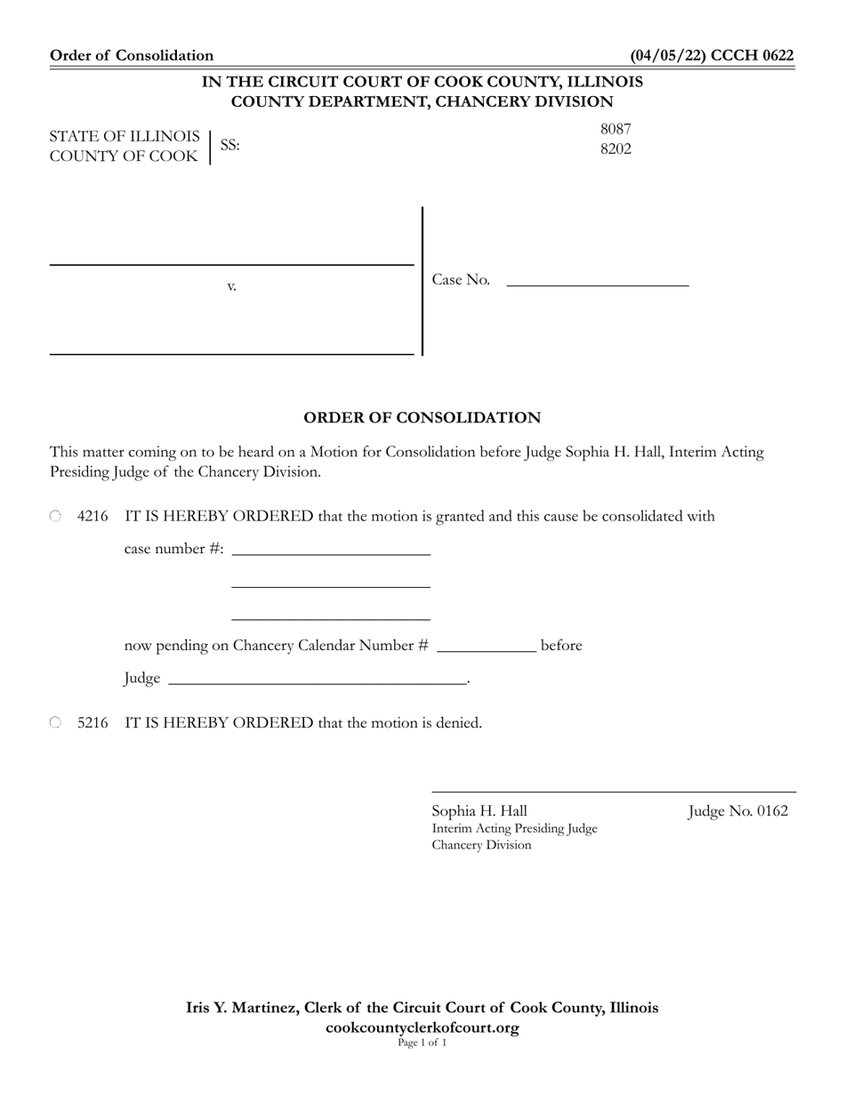 Form CCCH0622 Order of Consolidation - Cook County, Illinois, Page 1