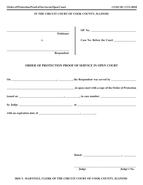 Form CCG0810 Order of Protection Proof of Service in Open Court - Cook County, Illinois