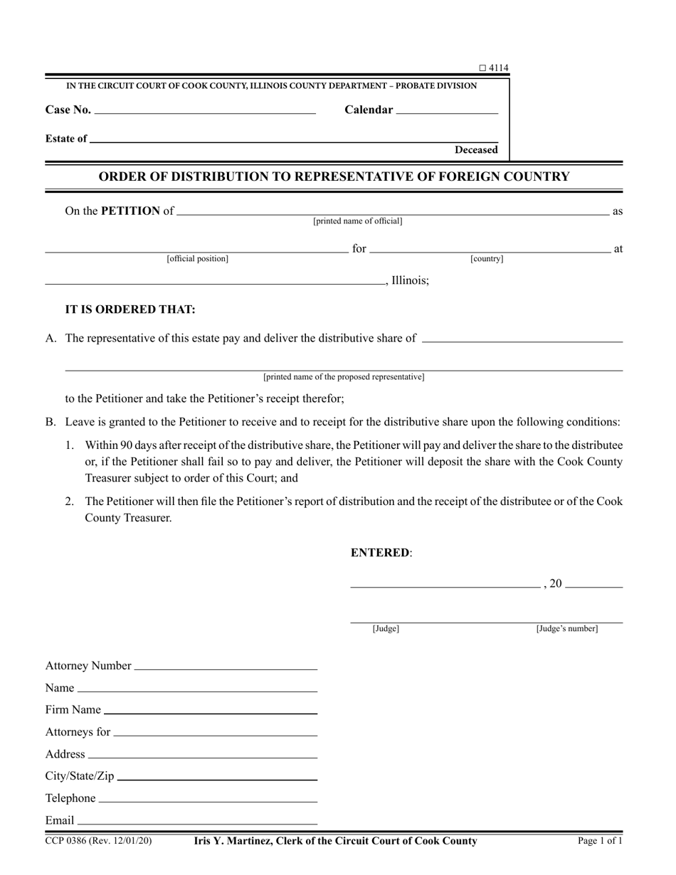 Form CCP0386 Order of Distribution to Representative of Foreign Country - Cook County, Illinois, Page 1