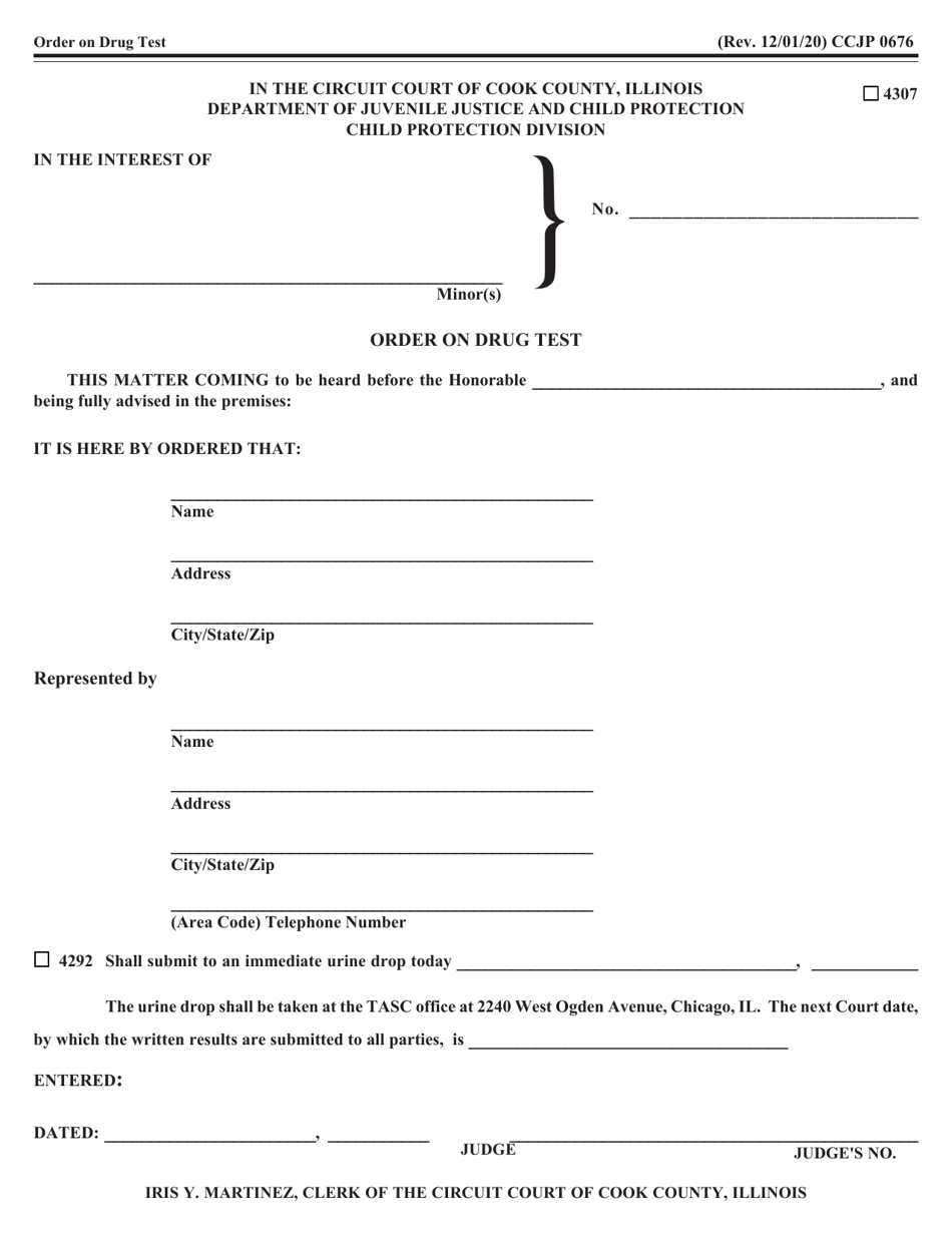 Form CCJP0676 Order on Drug Test - Cook County, Illinois, Page 1