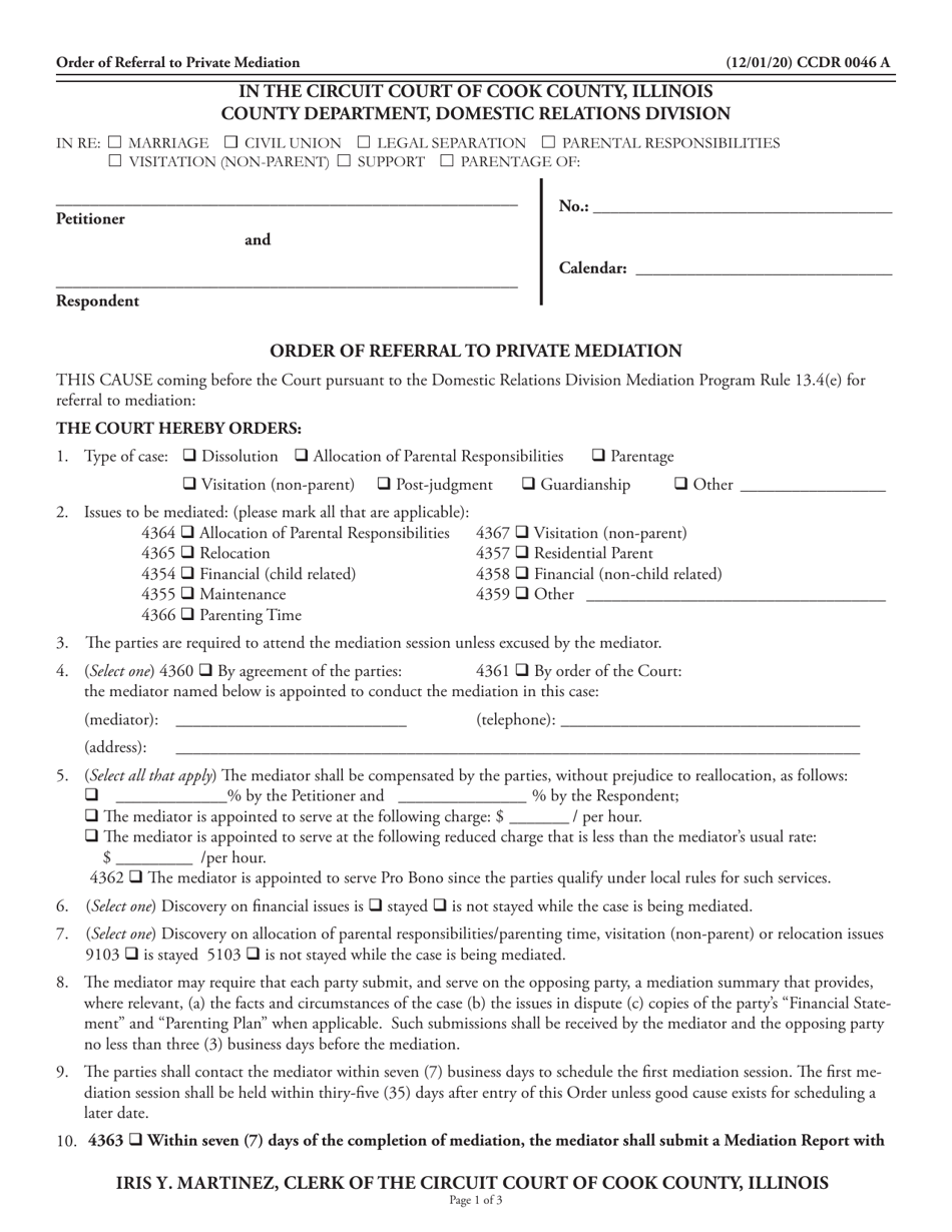 Form CCDR0046 Order of Referral to Private Mediation - Cook County, Illinois, Page 1