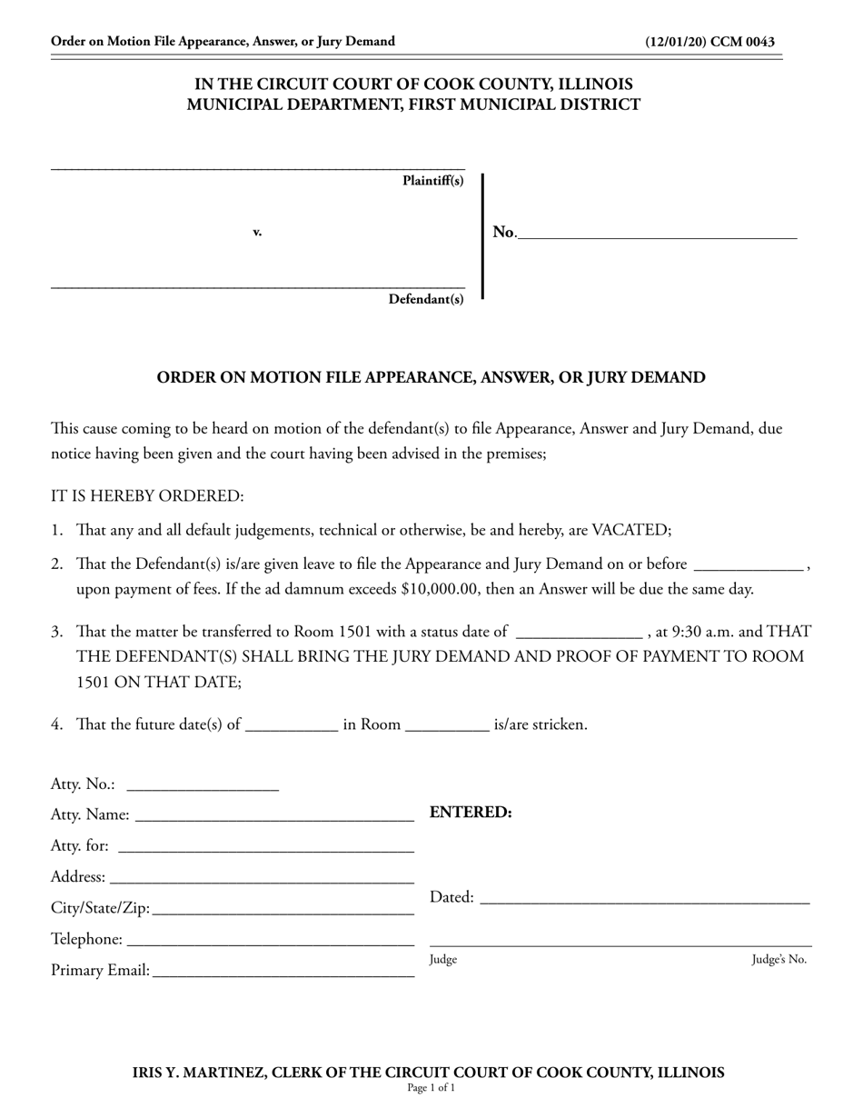 Form CCM0043 Order on Motion File Appearance, Answer, or Jury Demand - Cook County, Illinois, Page 1
