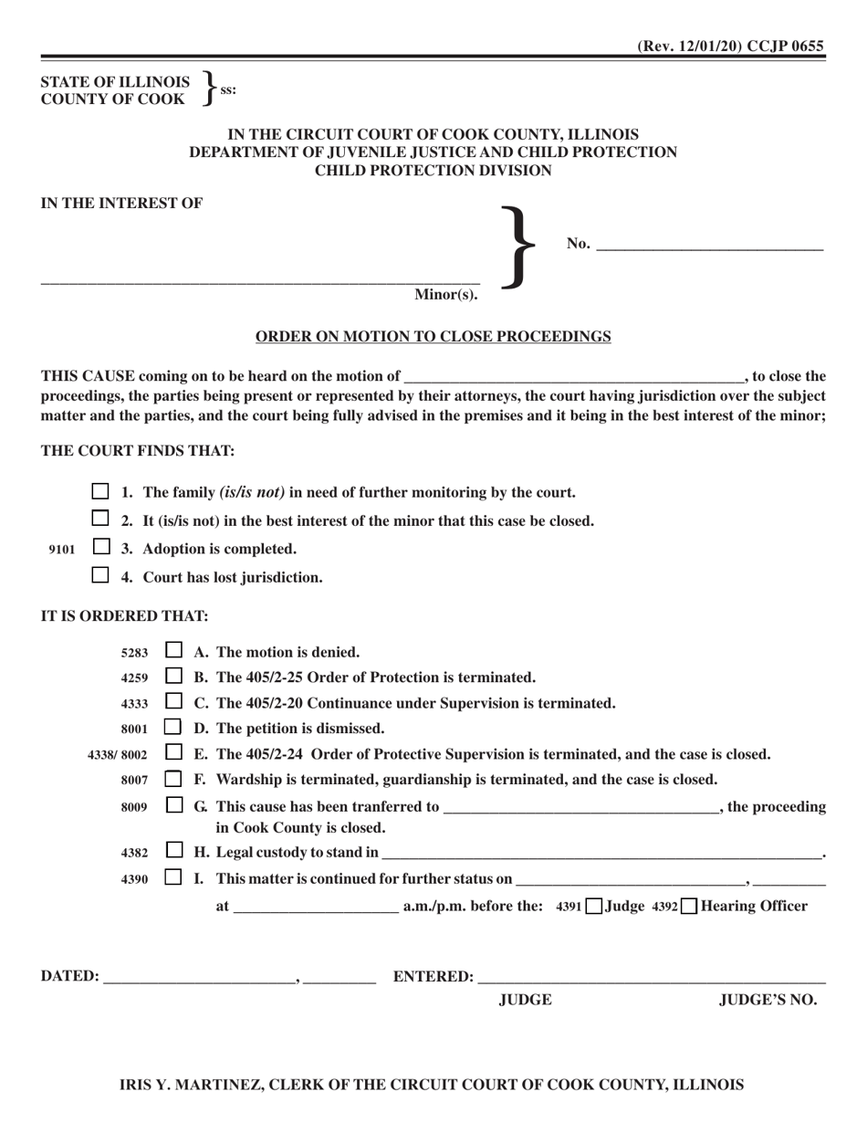 Form CCJP0655 Order on Motion to Close Proceedings - Cook County, Illinois, Page 1