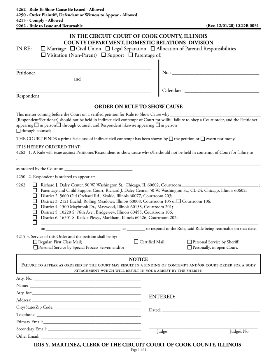 Form CCDR0031 Order on Rule to Show Cause - Cook County, Illinois, Page 1