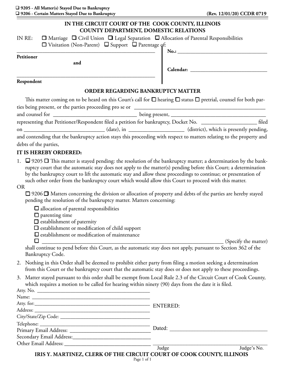 Form CCDR0719 Order Regarding Bankruptcy Matter - Cook County, Illinois, Page 1