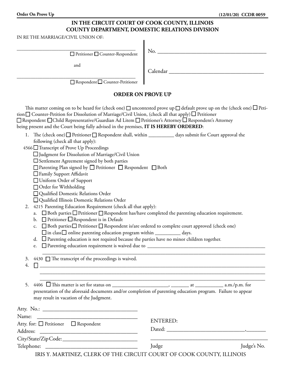 Form CCDR0059 Order on Prove up - Cook County, Illinois, Page 1