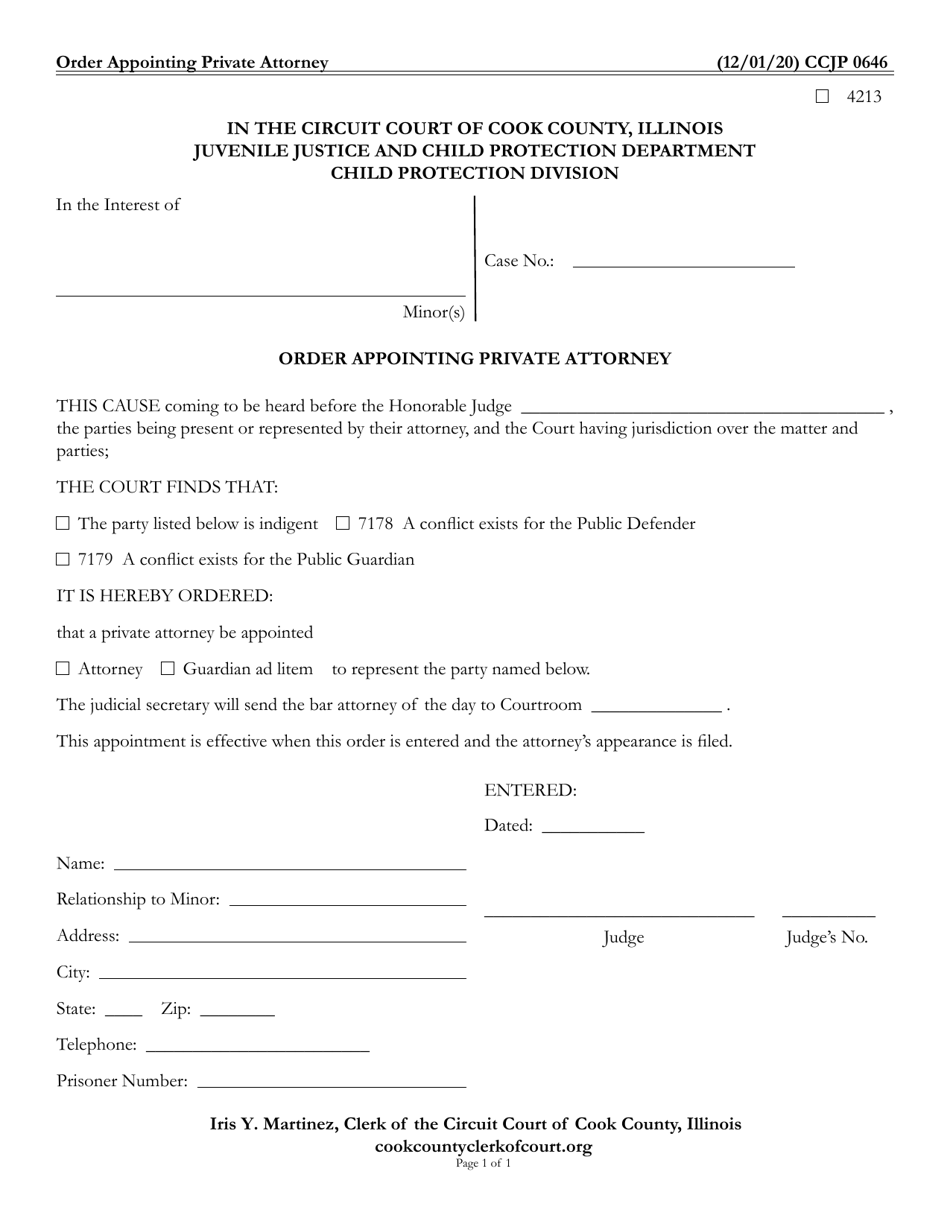 Form CCJP0646 Order Appointing Private Attorney - Cook County, Illinois, Page 1