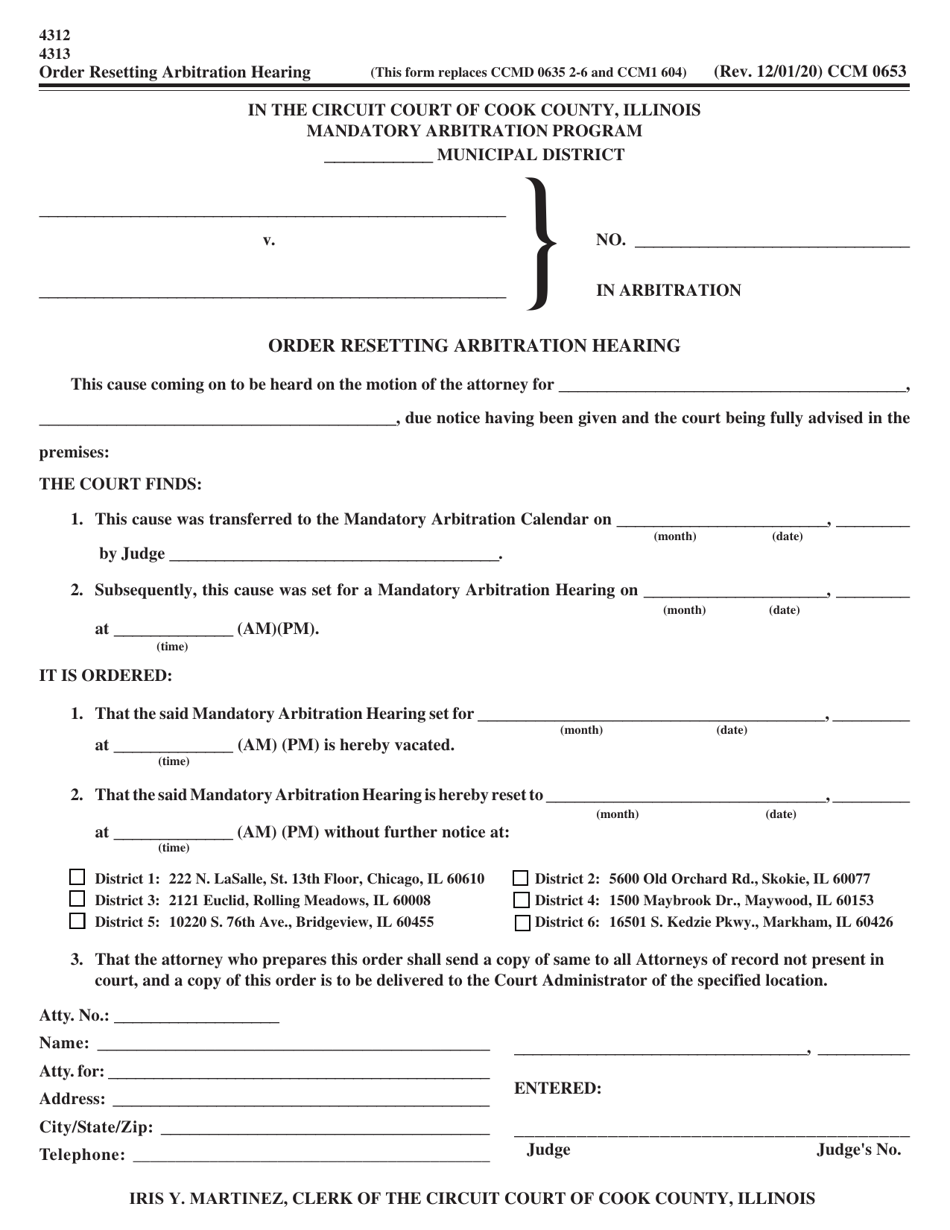 Form CCM0653 Order Resetting Arbitration Hearing - Cook County, Illinois, Page 1