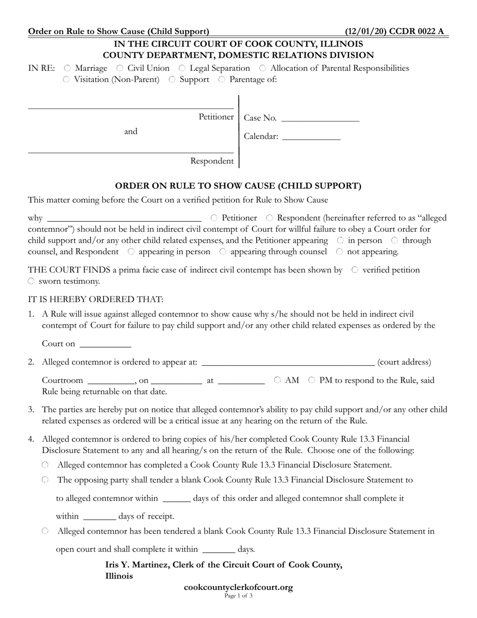 Form CCDR0022 Order on Rule to Show Cause (Child Support) - Cook County, Illinois, Page 1