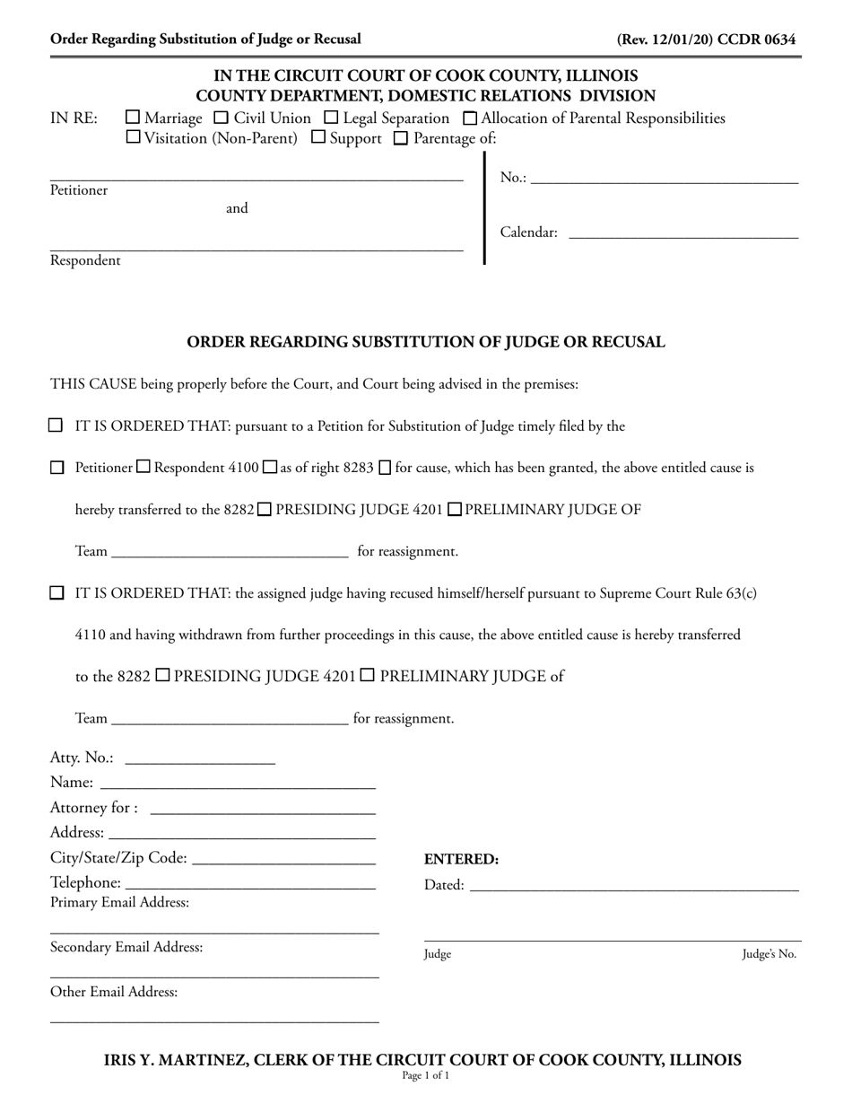 Form CCDR0634 Order Regarding Substitution of Judge or Recusal - Cook County, Illinois, Page 1