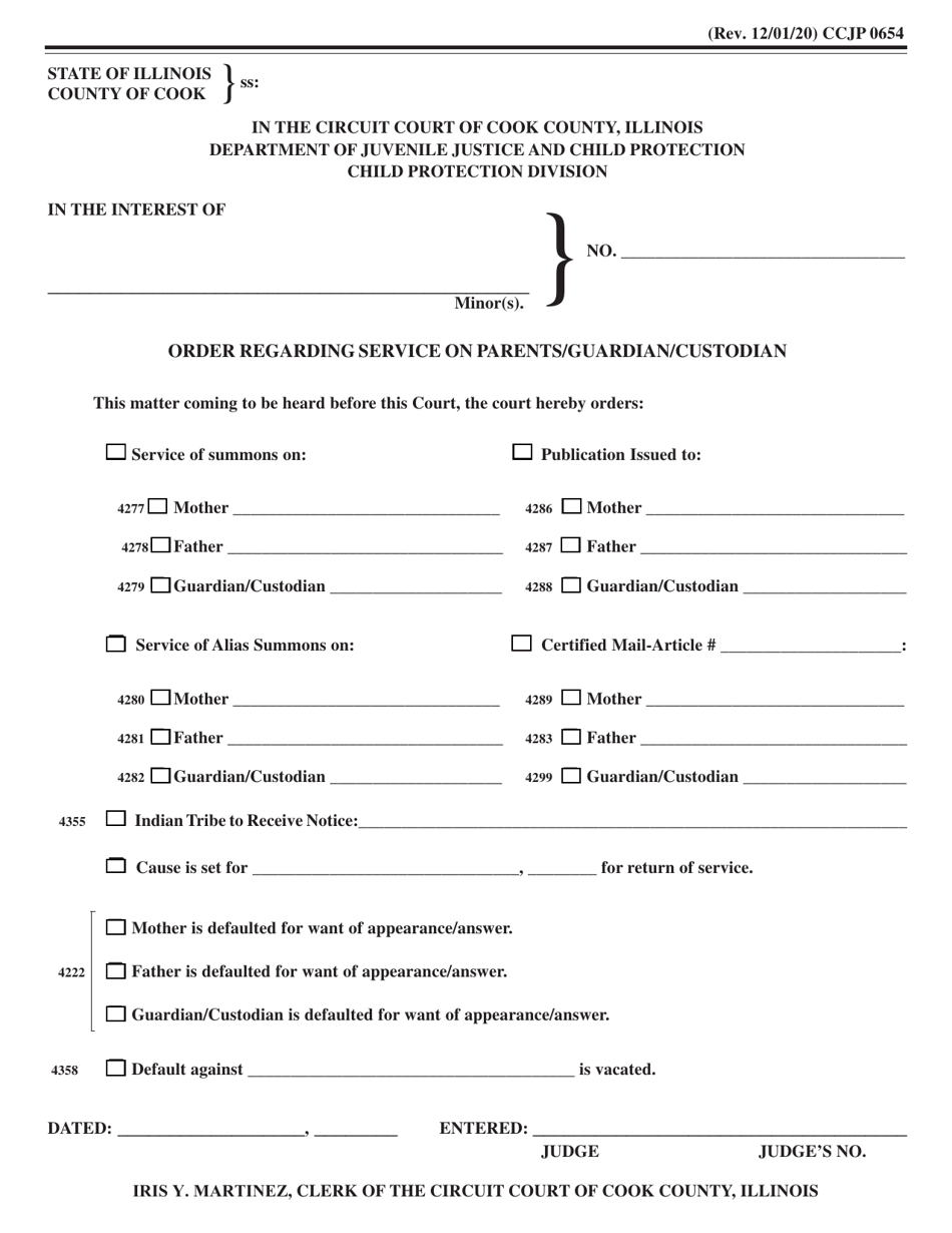 Form CCJP0654 Order Regarding Service on Parents / Guardian / Custodian - Cook County, Illinois, Page 1
