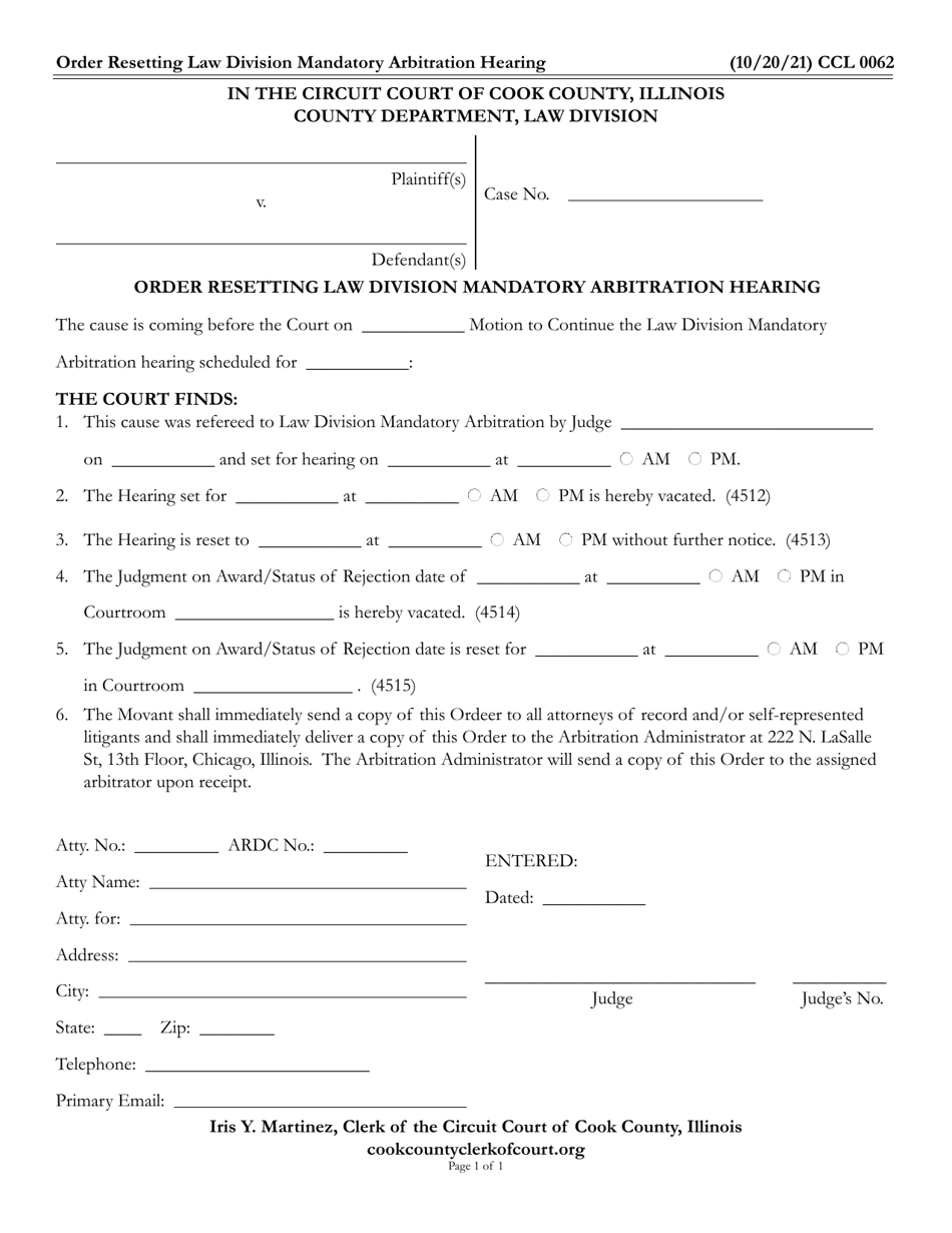 Form CCL0062 Order Resetting Law Division Mandatory Arbitration Hearing - Cook County, Illinois, Page 1