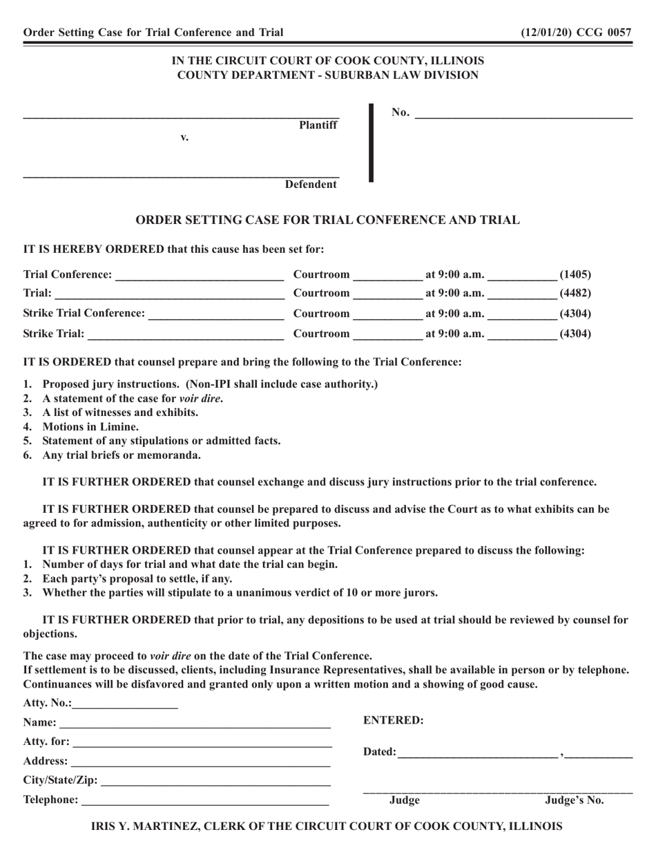 Form CCG0057 Order Setting Case for Trial Conference and Trial - Cook County, Illinois, Page 1