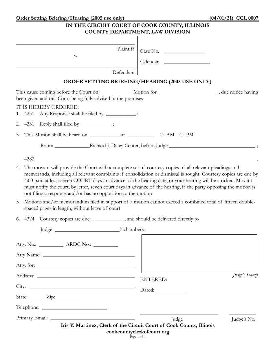 Form CCL0007 Order Setting Briefing / Hearing (2005 Use Only) - Cook County, Illinois, Page 1