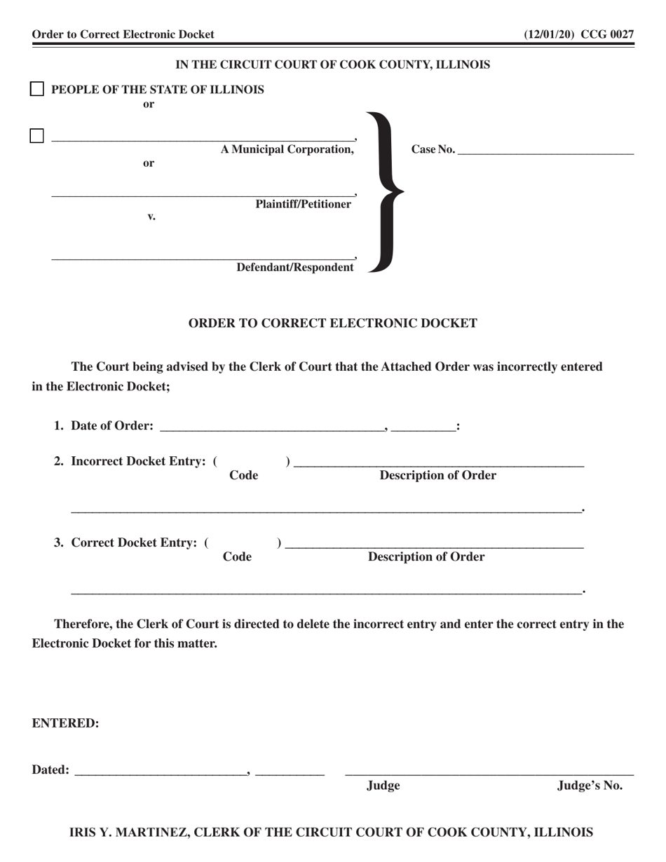 Form CCG0027 Order to Correct Electronic Docket - Cook County, Illinois, Page 1