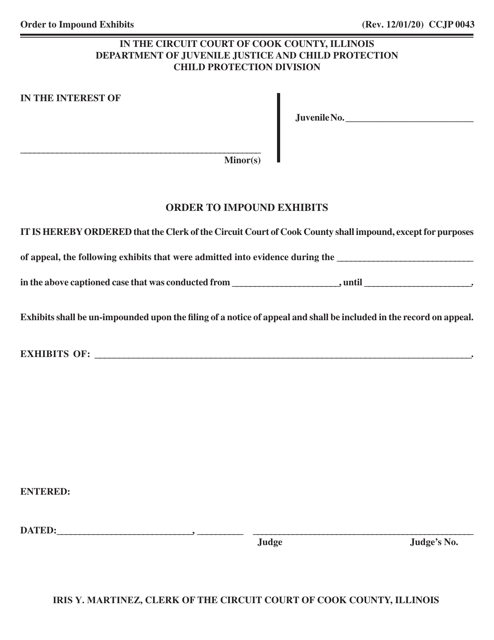 Form CCJP0043 Order to Impound Exhibits - Cook County, Illinois