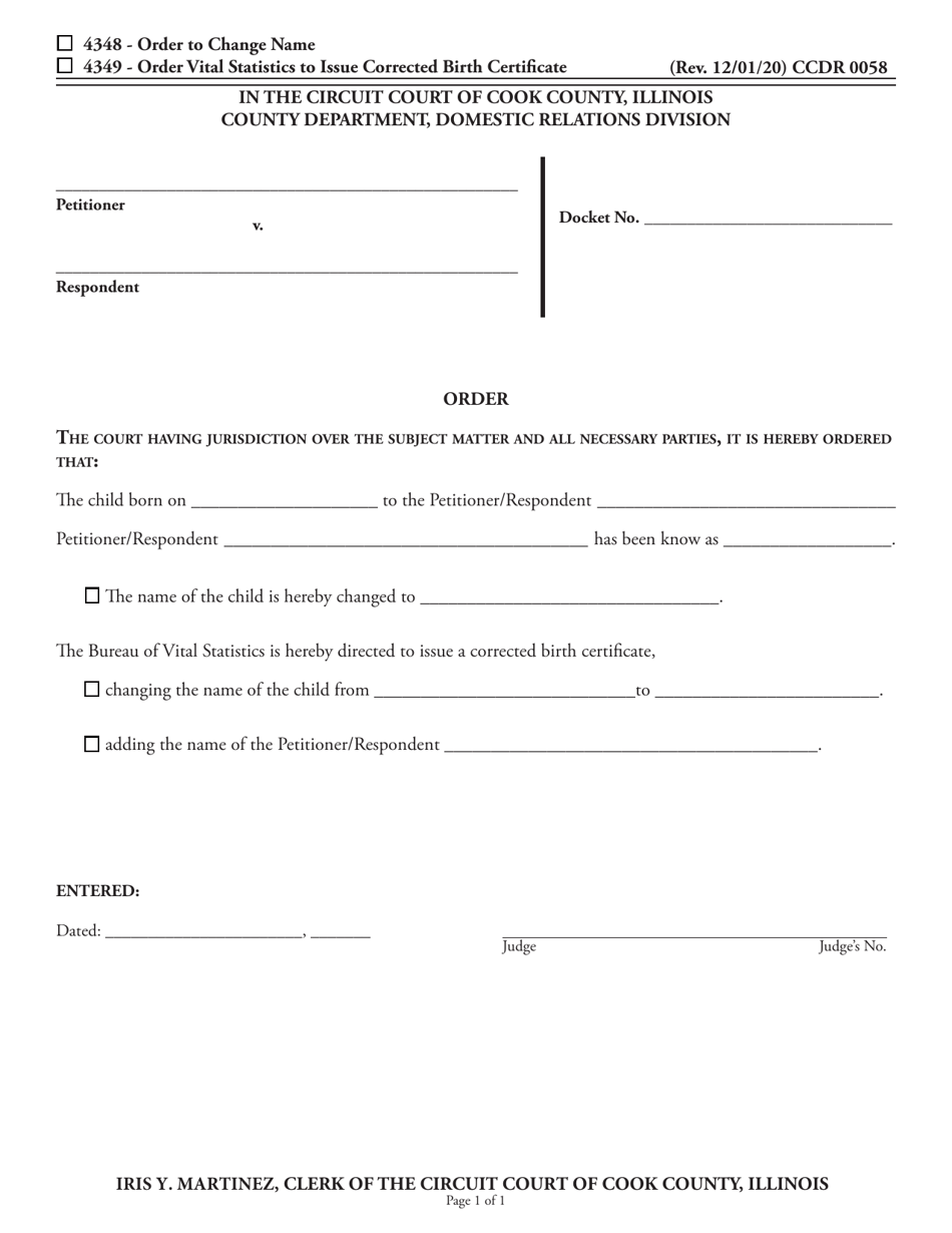 Form CCDR0058 Order to Issue Corrected Birth Certificate - Cook County, Illinois, Page 1