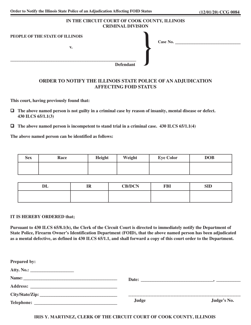 Form CCG0084 Order to Notify the Illinois State Police of an Adjudication Affecting Foid Status - Cook County, Illinois, Page 1