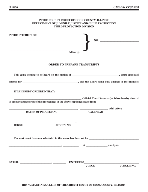 Form CCJP0693 Order to Prepare Transcripts - Cook County, Illinois