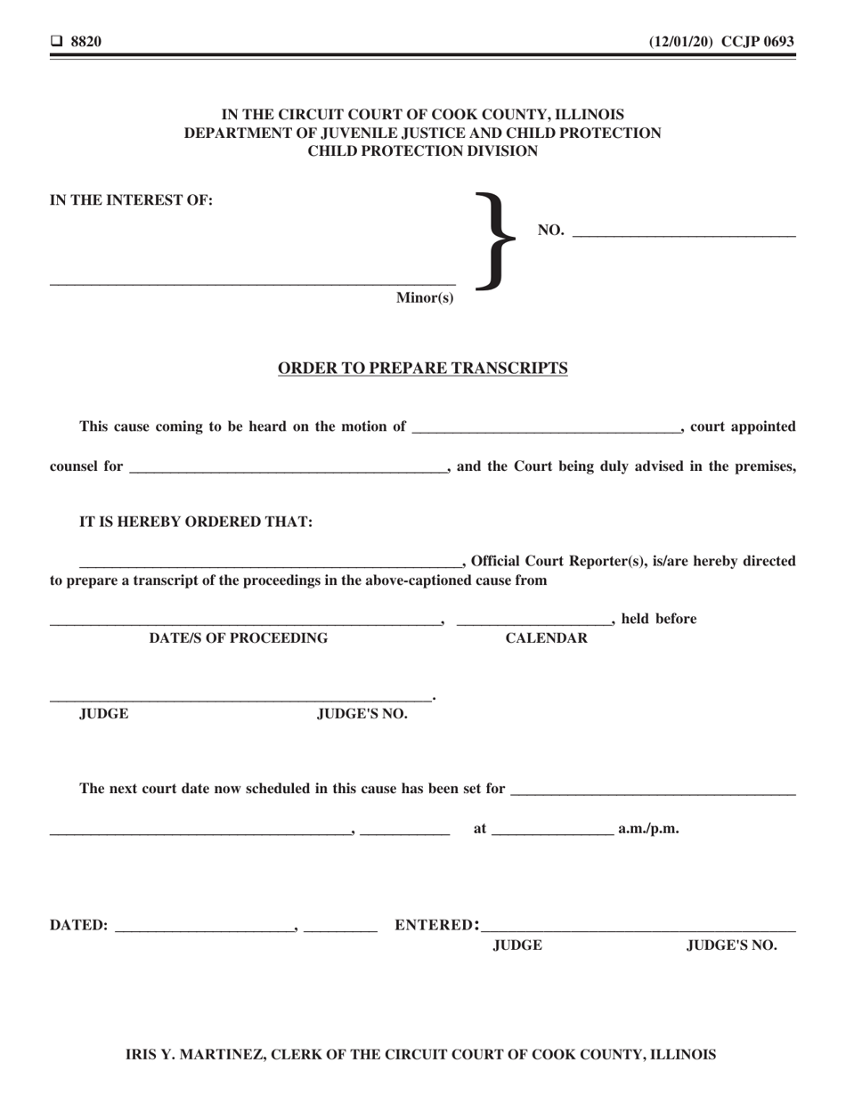 Form CCJP0693 Order to Prepare Transcripts - Cook County, Illinois, Page 1
